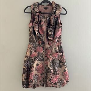 Samuel Dong Floral Jaquard Full Front Zip Ruffle Structured Mini Bubble Dress